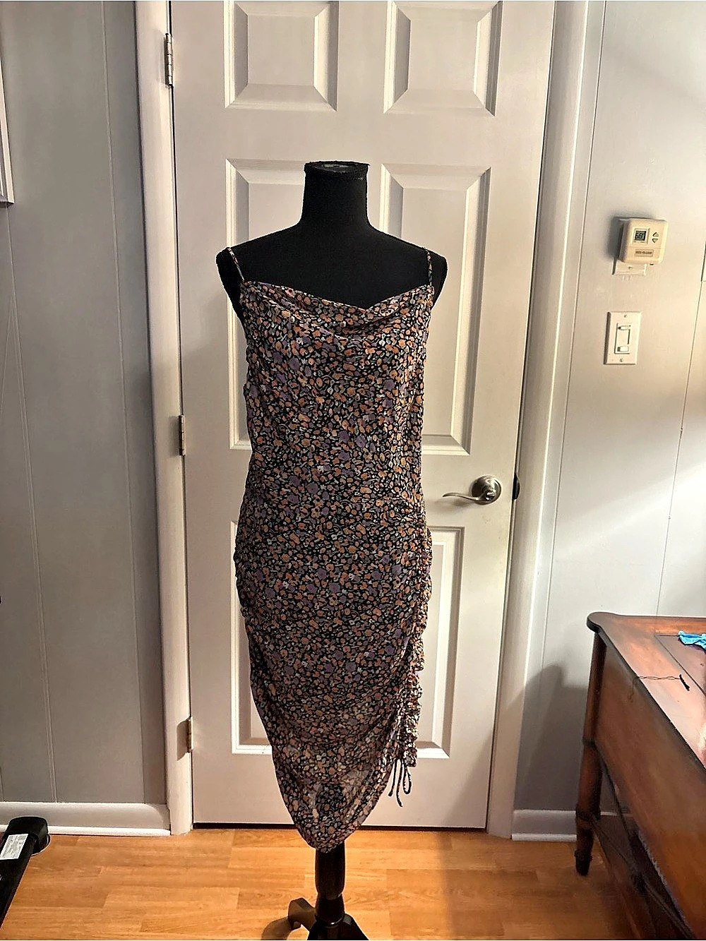 ASTR The Label Cowl Neck Ruched Ditsy Floral Slip Dress